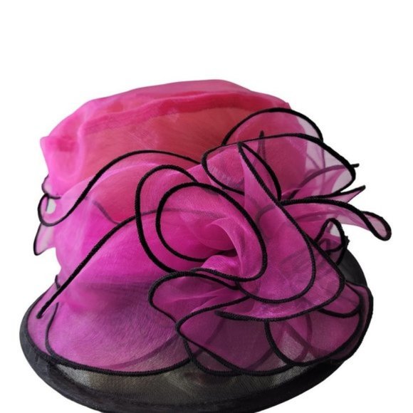 Pink and Black Ruffles Organza Packable Adjustable Dress Hat - Picture 5 of 16